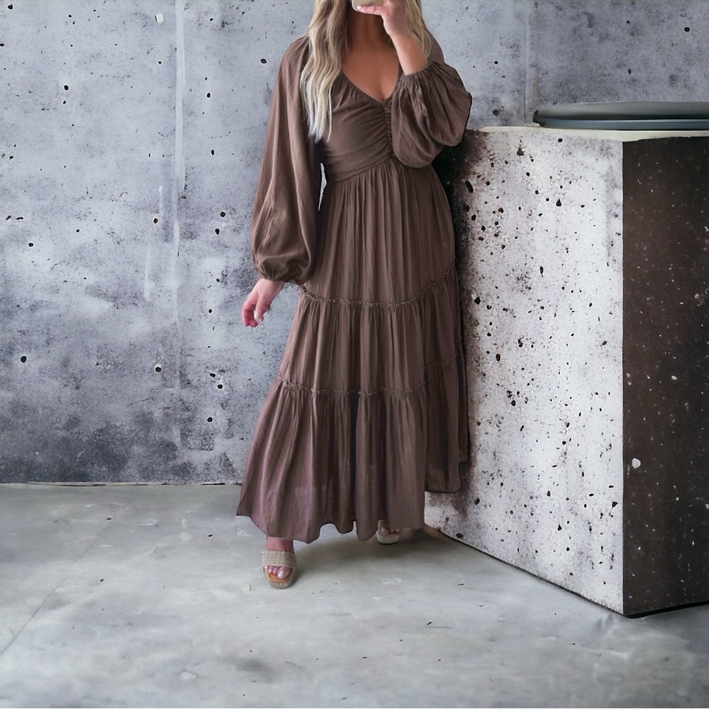 Brown V Neck Bowknot Cutout in the back Tiered Maxi Dress